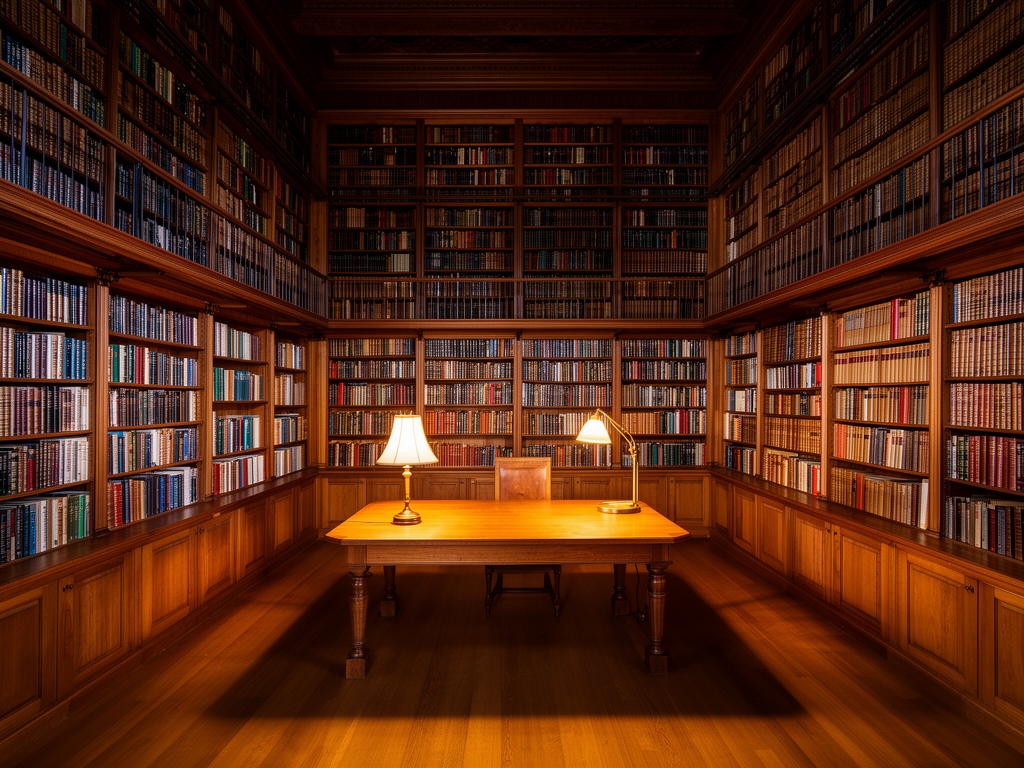 Stara biblioteka sa visokim policama prepunjenim knjigama, toplim svetlom lampi, drvenim stolovima i atmosferom duboke nauke i istraživanja