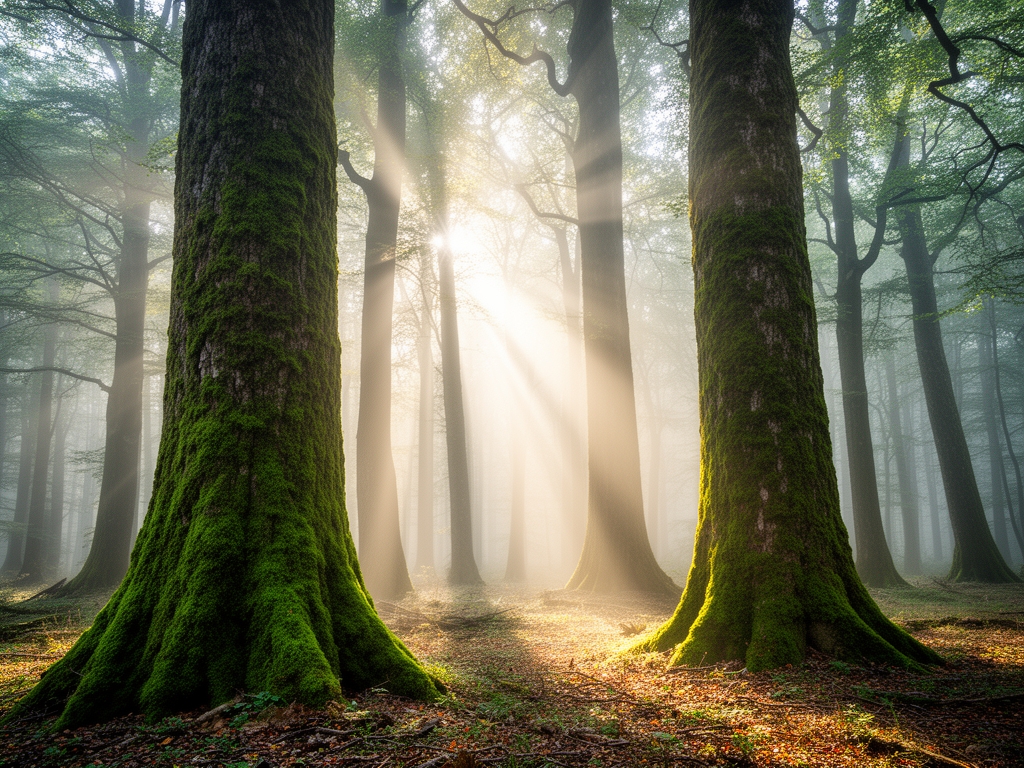 Stara hrastova šuma sa visokim deblima obraslim mahovinom, sunčevim zracima koji prodiru kroz krošnje u ranojutarnjoj izmaglici, simbolizujući starinu i mudrost