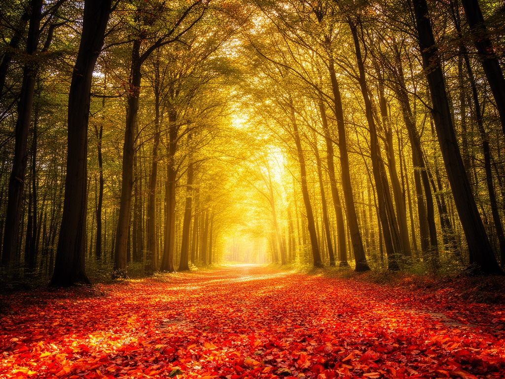 Šuma u jesen sa gustim krošnjama koje propuštaju zlatnu sunčevu svetlost, obasjavajući put posut lišćem narandžaste i crvene boje