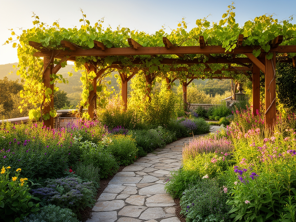 Panoramski pogled na terasisani vrt sa raznim vrstama biljaka, kamenim putem i drvenim pergolom obrastao vinovom lozom u toplom letnjem svetlu