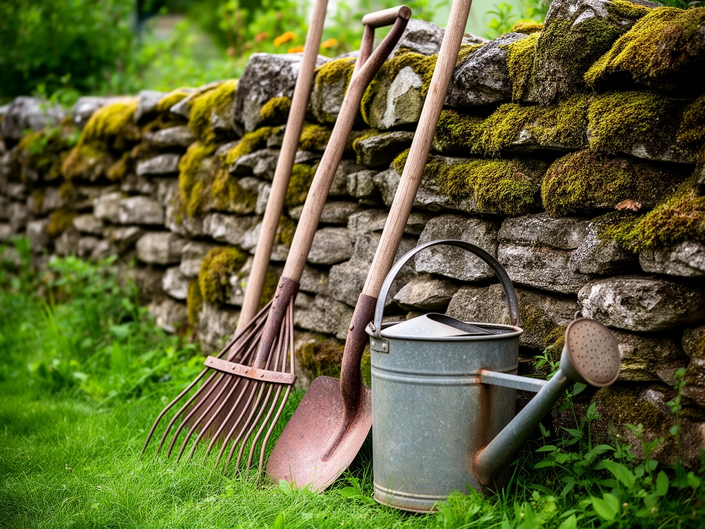 Stari drveni vrtni alati — grablje, lopata i kanta za zalivanje — naslonljeni na kameni zid obrastao mahovinom u seoskom vrtu