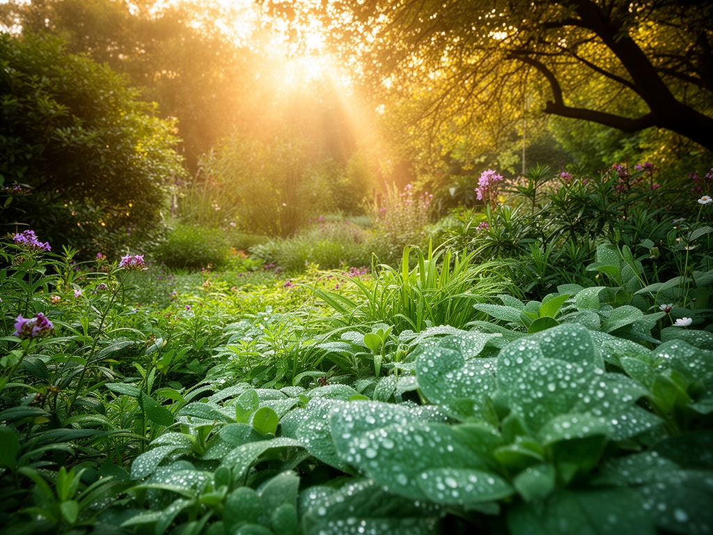 Bujna zelena bašta u jutarnjem svetlu sa raznovrsnim biljem, kapljicama rose na listovima i mekim, zlatnim zracima sunca koji prodiru kroz krošnje drveća