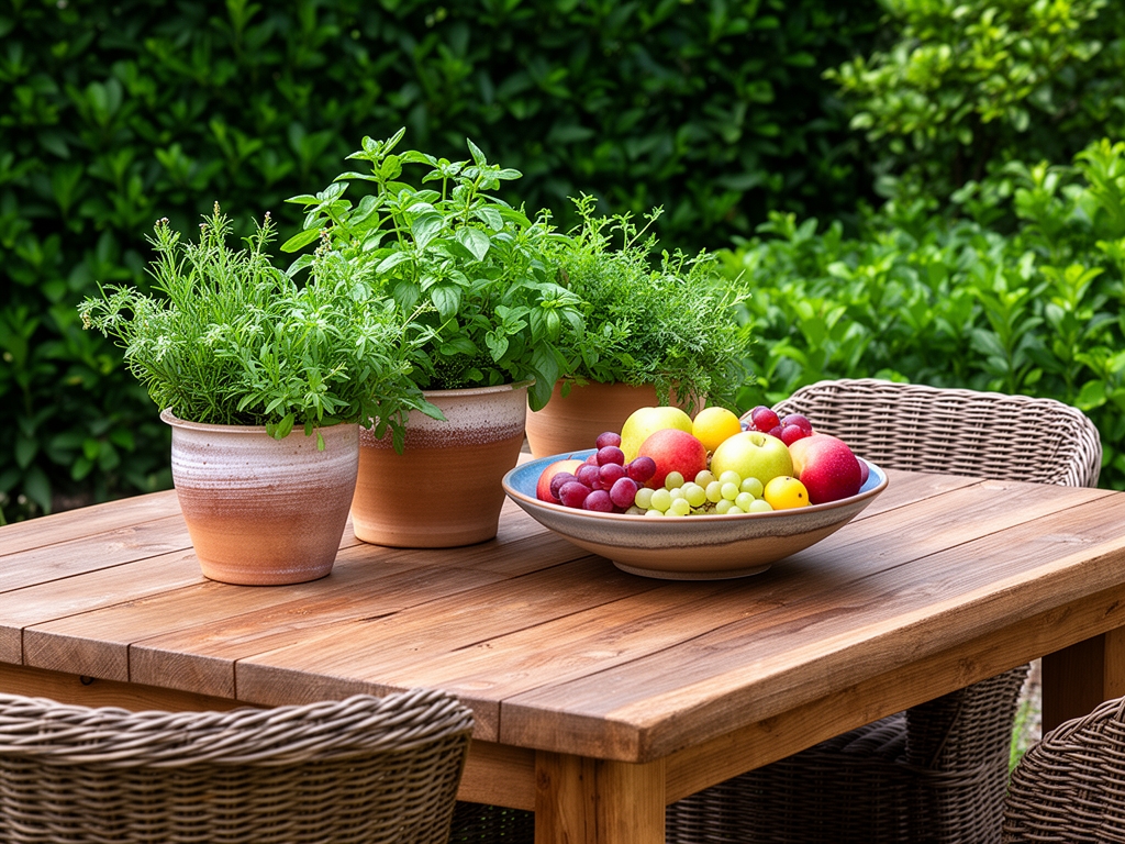 Rustičan drveni sto u bašti sa keramičkim posudem, svežim biljem u saksijama i zdjelajom voća, okružen bujnom zelenilom i prirodnim materijalima