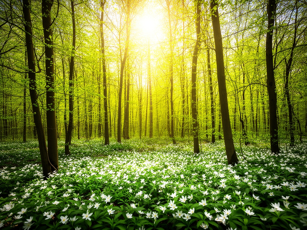Prolećna šuma sa svežim zelenim listovima koji tek pupaju, svetlim suncem koje probija kroz grane i belim divljim cvećem na šumskom podu